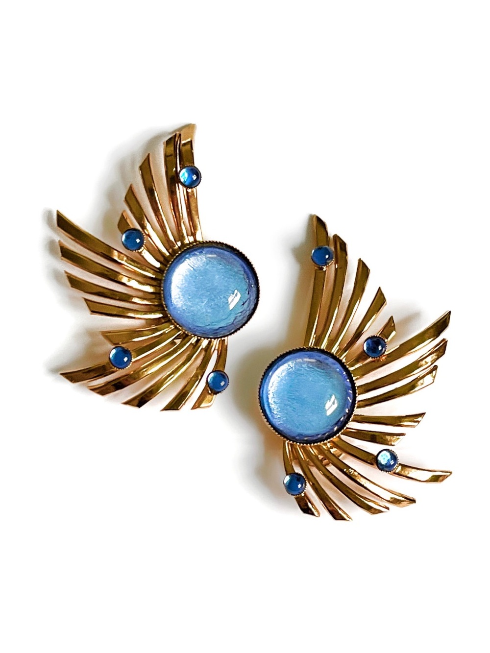 Vintage ZOE COSTE FRANCE Blue Glass Cabochon Spray Fan Gold Tone Clip Earrings